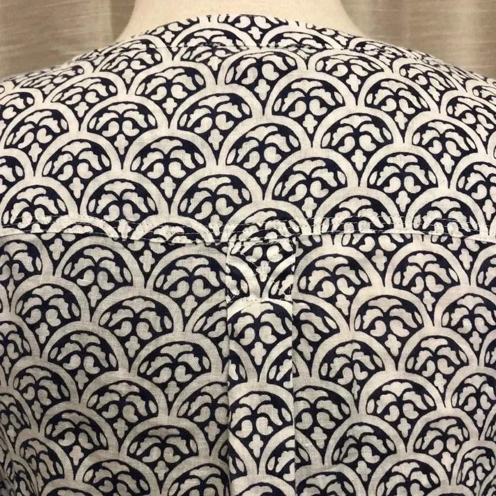 Talbots 100% Linen White Navy Blue Scallop Print Popover - Picture 6 of 11